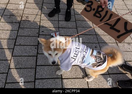 I dimostranti si riuniscono a Trafalgar Square tenendo cartelli e striscioni per protestare contro 25 anni di pena nella prigione di Dubai per il calciatore britannico di 25 anni Billy Hood accusato di possedere petrolio del CBD con tracce di cannabis - Londra, Regno Unito il 16 ottobre 2021. I dimostranti hanno chiesto un impegno da parte del ministro degli Esteri britannico e hanno dato il via libera al condannato. (Foto di Dominika Zarzycka/NurPhoto) Foto Stock