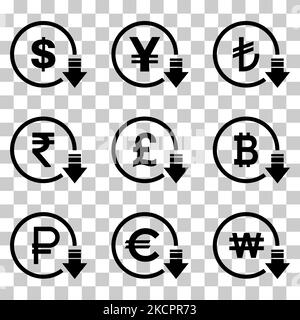 Riduzione dei costi - icona di riduzione del dollaro in euro. Immagine del simbolo del vettore isolata sullo sfondo . Illustrazione Vettoriale