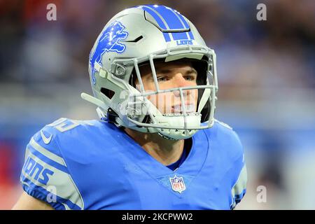 Tom Kennedy (85), il ricevitore dei Detroit Lions, corre sul campo durante una partita di football tra i Detroit Lions e i Cincinnati Bengals a Detroit, Michigan USA, domenica 17 ottobre 2021. (Foto di Amy Lemus/NurPhoto) Foto Stock