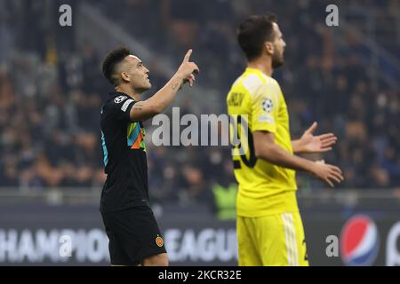 Lautaro Martinez del FC Internazionale reagisce durante la fase di Gruppo 2021/22 della UEFA Champions League - incontro di calcio del Gruppo D tra FC Internazionale e lo sceriffo FC Tiraspol allo Stadio Giuseppe Meazza, Milano, Italia il 19 ottobre 2021 (Foto di Fabrizio Carabelli/LiveMedia/NurPhoto) Foto Stock