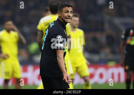 Alexis Sanchez del FC Internazionale reagisce durante la fase di Gruppo 2021/22 della UEFA Champions League - incontro di calcio del Gruppo D tra FC Internazionale e lo sceriffo FC Tiraspol allo Stadio Giuseppe Meazza, Milano, Italia il 19 ottobre 2021 (Foto di Fabrizio Carabelli/LiveMedia/NurPhoto) Foto Stock