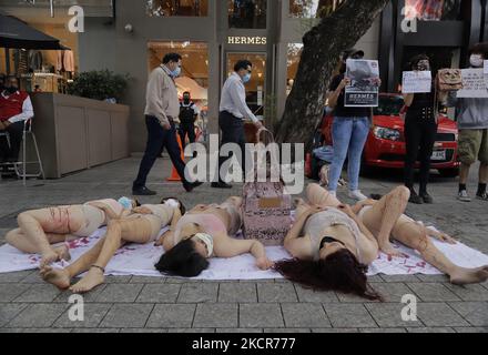 Attivisti dell'organizzazione Animal Save Movement Mexico, si esibiscono al di fuori del negozio di lusso Hermès, situato a Polanco, Città del Messico, contro la commercializzazione di articoli e capi di abbigliamento realizzati in pelle di coccodrillo e altri animali in questo negozio. La protesta si è svolta non solo in Messico, ma contemporaneamente a Londra, in Francia e in altri paesi europei per chiedere la fine della violenza contro i coccodrilli. (Foto di Gerardo Vieyra/NurPhoto) Foto Stock