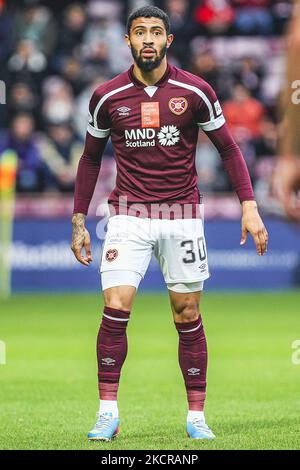 Josh Ginnelly of Hearts durante la partita della Premier League scozzese tra Hearts e Dundee al Tynecastle Park il 23 ottobre 2021 a Edimburgo, Scozia. (Foto di Ewan Bootman/NurPhoto) Foto Stock