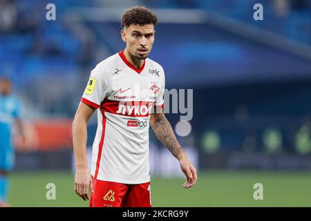 Jordan Larsson di Spartak Moscow guarda avanti durante la partita della Premier League russa tra il FC Zenit Saint Petersburg e il FC Spartak Moscow il 24 ottobre 2021 alla Gazprom Arena di San Pietroburgo, Russia. (Foto di Mike Kireev/NurPhoto) Foto Stock