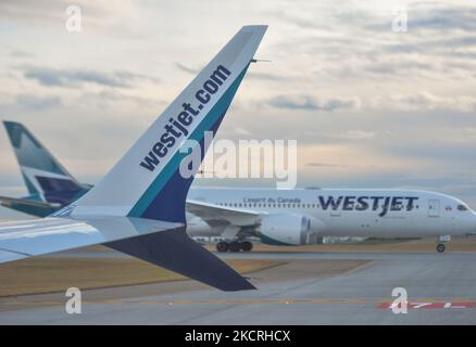 Aerei della WestJet Airlines visti all'aeroporto internazionale YYC di Calgary. Lunedì 25 ottobre 2021, all'aeroporto internazionale di Calgary, Calgary, Alberta, Canada. (Foto di Artur Widak/NurPhoto) Foto Stock