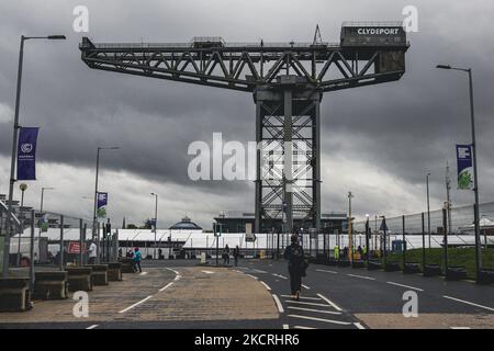 Una visione generale della Finnieston Crane sul campus scozzese dell'evento il 1 settembre 2021 a Glasgow, Scozia. Lo Scottish Event Campus è uno dei luoghi in cui si terrà il prossimo vertice sul clima del COP 26 che si terrà a Glasgow dal 1 al 12th novembre. (Foto di Ewan Bootman/NurPhoto) Foto Stock