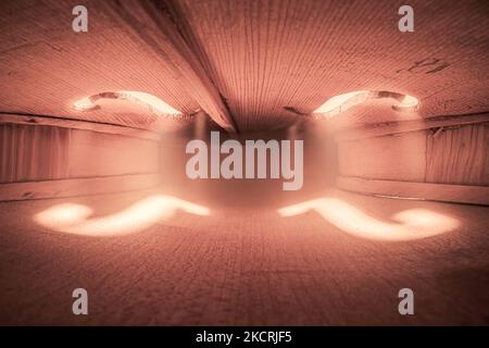 Vista del violino d'epoca dall'interno. Interno di violoncello in legno. Vista macro di un violino. Foto Stock