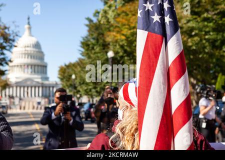 Ivania Castillo, membro del consiglio di AMMINISTRAZIONE DI CASA, porta una bandiera americana davanti a una marcia al Campidoglio degli Stati Uniti da parte di attivisti per i diritti degli immigrati. I dimostranti chiedono un percorso verso la cittadinanza, sussidi per l’assistenza all’infanzia, posti di lavoro verdi, l’espansione di Medicare e piani infrastrutturali. (Foto di Allison Bailey/NurPhoto) Foto Stock