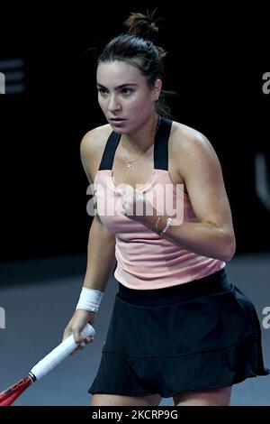 Ritratto di Gabriela Ruse in azione - celebrare dopo aver segnato durante la sua partita contro Simona Halep il quinto giorno della Transilvania Open: WTA 250 Torneo tenuto a BT Arena, Cluj - Napoca - 28 ottobre 2021 (Foto di Flaviu Buboi/NurPhoto) Foto Stock