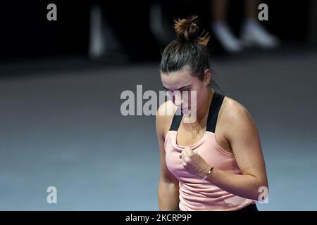 Ritratto di Gabriela Ruse in azione - celebrare dopo aver segnato durante la sua partita contro Simona Halep il quinto giorno della Transilvania Open: WTA 250 Torneo tenuto a BT Arena, Cluj - Napoca - 28 ottobre 2021 (Foto di Flaviu Buboi/NurPhoto) Foto Stock