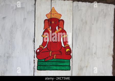 Dipinto di Lord Ganesha nell'antica città medievale di Bhaktapur in Nepal, il 08 dicembre 2011 (Foto di Creative Touch Imaging Ltd./NurPhoto) Foto Stock