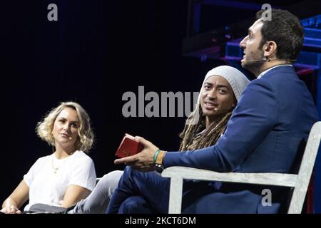 Direttore dell'influencer di Condé Nast Anna Anderson, CEO di NYCE Philip Michael, George Slefo parla durante la terza giornata del Web Summit 2021 a Lisbona, Portogallo, il 3 novembre 2021. (Foto di Rita Franca/NurPhoto) Foto Stock