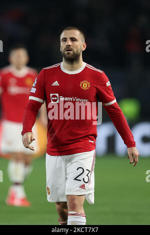 Luke Shaw (Manchester United) durante la partita di calcio UEFA Champions League Atalanta BC vs Manchester United il 02 novembre 2021 allo stadio Gewiss di Bergamo (Foto di Francesco Scaccianoce/LiveMedia/NurPhoto) Foto Stock