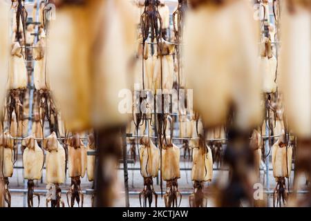 ZHOUSHAN, CINA - 5 NOVEMBRE 2022 - Un operaio raccoglie calamari secchi in una fabbrica di lavorazione di prodotti alimentari a base di pesce a Zhoushan, Zhejiang provin della Cina orientale Foto Stock