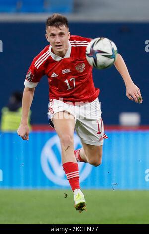 Aleksandr Golovin di Russia in azione durante la Coppa del mondo FIFA Qatar 2022 Gruppo H europeo di qualificazione partita di calcio tra Russia e Cipro il 11 novembre 2021 alla Gazprom Arena di San Pietroburgo, Russia. (Foto di Mike Kireev/NurPhoto) Foto Stock