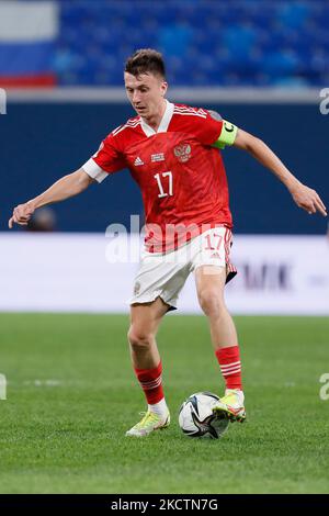 Aleksandr Golovin di Russia in azione durante la Coppa del mondo FIFA Qatar 2022 Gruppo H europeo di qualificazione partita di calcio tra Russia e Cipro il 11 novembre 2021 alla Gazprom Arena di San Pietroburgo, Russia. (Foto di Mike Kireev/NurPhoto) Foto Stock