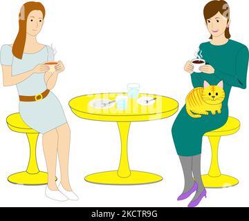 Una donna elegante al caffè Cat con sfondo bianco: Gatto tabby Illustrazione Vettoriale