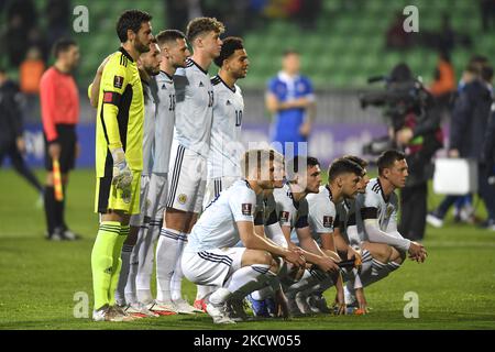 Craig Gordon, Andy Robertson, Kieran Tierney, John McGinn, Callum McGregor, Che Adams, Jack Hendry, Billy Gilmour, Liam Cooper, Stuart Armstrong, Nathan Patterson in azione durante il turno di qualificazione della Coppa del mondo FIFA 2022 tra Moldova e Scozia, venerdì 12 novembre 2021, a Chisinau, Moldova. (Foto di Alex Nicodim/NurPhoto) Foto Stock