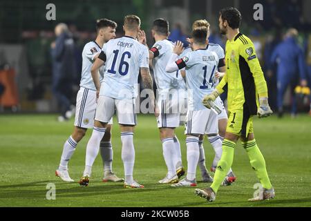 Craig Gordon, Andy Robertson, Kieran Tierney, John McGinn, Callum McGregor, Che Adams, Jack Hendry, Billy Gilmour, Liam Cooper, Stuart Armstrong, Nathan Patterson in azione durante il turno di qualificazione della Coppa del mondo FIFA 2022 tra Moldova e Scozia, venerdì 12 novembre 2021, a Chisinau, Moldova. (Foto di Alex Nicodim/NurPhoto) Foto Stock