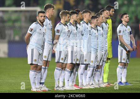 Craig Gordon, Andy Robertson, Kieran Tierney, John McGinn, Callum McGregor, Che Adams, Jack Hendry, Billy Gilmour, Liam Cooper, Stuart Armstrong, Nathan Patterson in azione durante il turno di qualificazione della Coppa del mondo FIFA 2022 tra Moldova e Scozia, venerdì 12 novembre 2021, a Chisinau, Moldova. (Foto di Alex Nicodim/NurPhoto) Foto Stock