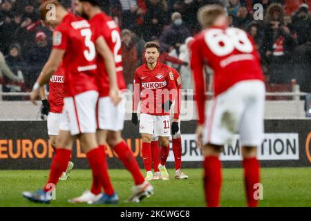 Jordan Larsson (C) di Spartak Mosca durante la partita di calcio del Gruppo C della UEFA Europa League tra il FC Spartak Moscow e la SSC Napoli il 24 novembre 2021 alla Otkritie Arena di Mosca, Russia. (Foto di Mike Kireev/NurPhoto) Foto Stock