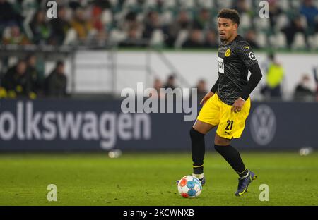 Donyell Malen di Borussia Dortmund durante Wolfsburg contro Borussia Doutmund, Bundesliga, allo stadio Volkswagen di Wolfsburg, Germania il 27 novembre 2021. (Foto di Ulrik Pedersen/NurPhoto) Foto Stock