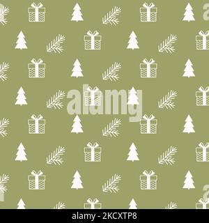 Modello di Natale scatole regalo albero di Natale e ramo di abete Illustrazione Vettoriale