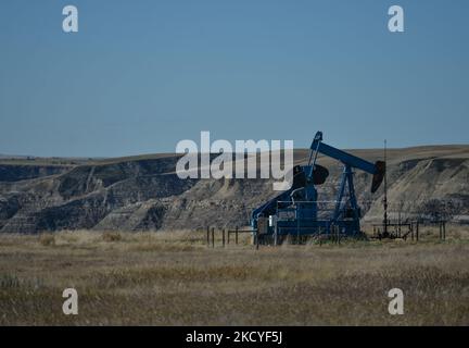 Un pozzo di petrolio in un campo vicino Drumheller. Martedì 28 settembre 2021, a Drumheller, Alberta, Canada. (Foto di Artur Widak/NurPhoto) Foto Stock