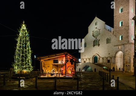 L'albero di Natale e la presepe in Piazza Duomo in occasione delle festività natalizie di Trani del 28 dicembre 2021. Le luci di Natale di Trani, oltre alle luci di Villa Comunale, hanno sicuramente cambiato lo sguardo di Piazza Duomo di Trani, con l'albero e la presepe, in chiave natalizia, grazie alla conferma della preziosa iniziativa della Fondazione Seca, In collaborazione con il lavoro di don uva Bisceglie e con il sostegno del comune di Trani. (Foto di Davide Pischettola/NurPhoto) Foto Stock