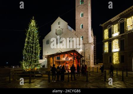 L'albero di Natale e la presepe in Piazza Duomo in occasione delle festività natalizie di Trani del 28 dicembre 2021. Le luci di Natale di Trani, oltre alle luci di Villa Comunale, hanno sicuramente cambiato lo sguardo di Piazza Duomo di Trani, con l'albero e la presepe, in chiave natalizia, grazie alla conferma della preziosa iniziativa della Fondazione Seca, In collaborazione con il lavoro di don uva Bisceglie e con il sostegno del comune di Trani. (Foto di Davide Pischettola/NurPhoto) Foto Stock