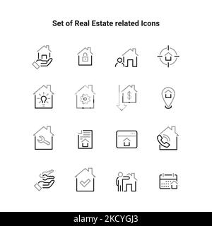 Icone di linea sottile del bene immobile. Set di simboli immobiliari. Icona Casa, Casa, Agente, piano, Rettore. Icone immobiliari set. Illustrazione Vettoriale