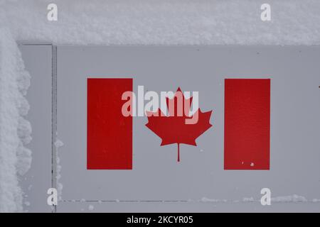 Un cartello con la bandiera nazionale canadese di fronte all'ingresso del Canada Place, la sede principale del governo federale di Edmonton. Martedì 4 gennaio 2021, a Edmonton, Alberta, Canada. (Foto di Artur Widak/NurPhoto) Foto Stock