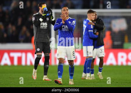 Youri Tielemans di Leicester City festeggia la vittoria durante la partita della fa Cup Third Round tra Leicester City e Watford al King Power Stadium di Leicester sabato 8th gennaio 2022. (Foto di Jon Hobley/MI News/NurPhoto) Foto Stock