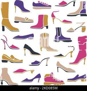Illustrazione vettoriale con collezione di calzature da donna. Set di scarpe decorative da donna. Illustrazione Vettoriale