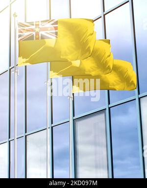 Palettoni con la bandiera di Niue di fronte al business center Foto Stock