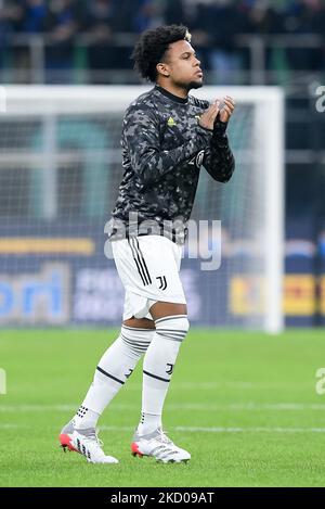 Weston McKennie del FC Juventus Gestures durante la finale di SuperCup Italiana tra FC Internazionale e Juventus FC allo Stadio Giuseppe Meazza, Milano, Italia, il 12 gennaio 2022. (Foto di Giuseppe Maffia/NurPhoto) Foto Stock