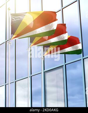 Palettoni con bandiera delle Seychelles di fronte al business center Foto Stock