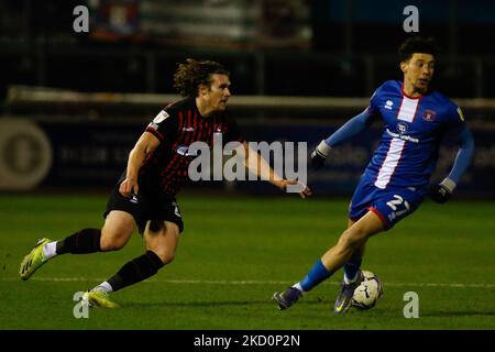 Reagan Ogle of Hartlepool si è Unito in azione durante la partita della Sky Bet League 2 tra Carlisle United e Hartlepool United a Brunton Park, Carlisle, martedì 18th gennaio 2022. (Foto di will Matthews/MI News/NurPhoto) Foto Stock