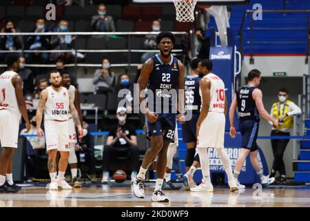 Alex Poythress #22 di Zenit reagisce durante la partita di pallacanestro Eurolega tra Zenit San Pietroburgo e MONACO il 20 gennaio 2022 alla Sibur Arena di San Pietroburgo, Russia. (Foto di Mike Kireev/NurPhoto) Foto Stock