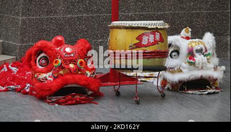 Costumi di leone cinese si siedono pronti per l'emissione nel nuovo anno lunare cinese della tigre a Markham, Ontario, Canada. (Foto di Creative Touch Imaging Ltd./NurPhoto) Foto Stock
