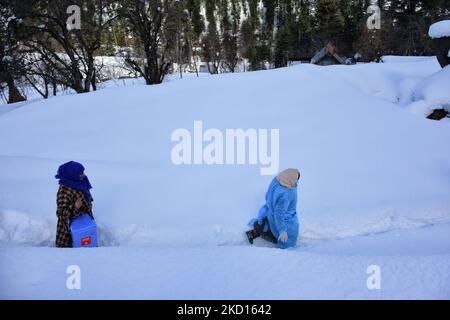 Gli operatori sanitari camminano attraverso la neve durante un viaggio di vaccinazione porta a porta nella zona di Khag nel distretto di Budam a circa 60 chilometri dalla città di Srinagar, indiano amministrato Kashmir il 24 gennaio 2022. Gli operatori sanitari nella valle del Kashmir continuano a lavorare in inverni duri, visitano porta a porta per vaccinare la gente in luoghi inaccessibili. (Foto di Muzamil Mattoo/NurPhoto) Foto Stock