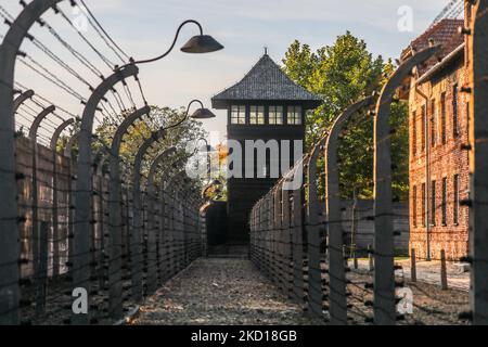 Recinzioni con fienile e torre della guardia presso l'ex campo di concentramento tedesco nazista di Auschwitz i presso il sito commemorativo di Auschwitz. Oswiecim, Polonia il 4 ottobre 2021. (Foto di Beata Zawrzel/NurPhoto) Foto Stock