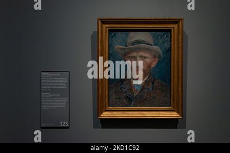Una foto dell'autoritratto del dipinto Vincent van Gogh, di Vincent van Gogh (1887), in mostra al Rijksmuseum, come parte del Colle del 1800-1900 Foto Stock