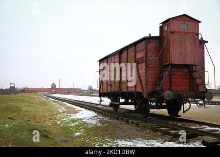 Un originale carro ferroviario utilizzato per le deportazioni è visto presso l'ex campo di concentramento e sterminio nazista-tedesco di Auschwitz II-Birkenau a Brzezinka vicino Oswiecim, Polonia il 27 gennaio 2022. (Foto di Beata Zawrzel/NurPhoto) Foto Stock