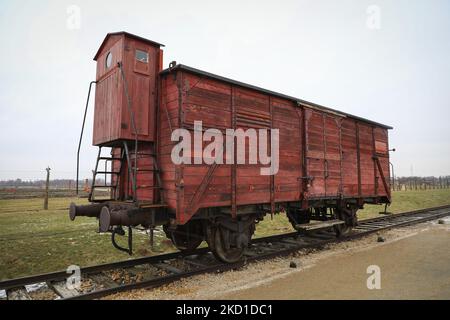 Un originale carro ferroviario utilizzato per le deportazioni è visto presso l'ex campo di concentramento e sterminio nazista-tedesco di Auschwitz II-Birkenau a Brzezinka vicino Oswiecim, Polonia il 27 gennaio 2022. (Foto di Beata Zawrzel/NurPhoto) Foto Stock