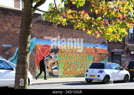 Murale di strada di Jurgen Klopp, il Liverpool FC manager, su Jamaica Street nel Triangolo Baltico, a Liverpool, Regno Unito Foto Stock