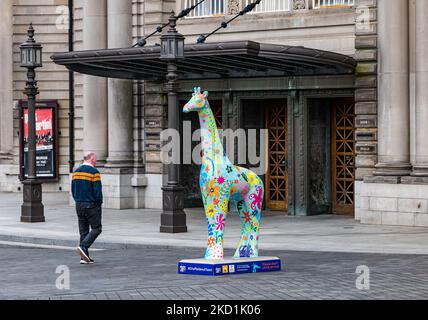 Una giraffa dipinta in mostra su strada a Giraffe About Town Wild in Art evento di Usher Hall, Edimburgo, Scozia, Regno Unito Foto Stock