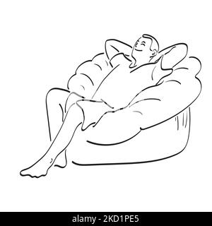 uomo che si rilassa sulla sua sedia a casa illustrazione vettore a mano disegnato isolato su sfondo bianco linea arte Illustrazione Vettoriale