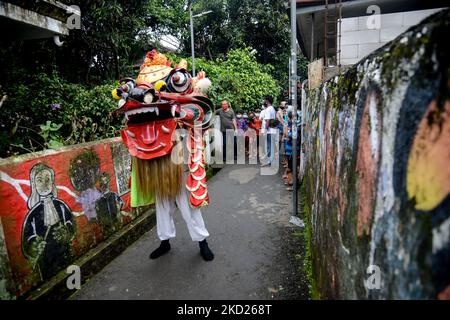 Il Kie Lin si esibisce nel corso di un rituale in vista di una celebrazione del festival Cap Go Meh a Bogor, nella Provincia di Giava Occidentale, Indonesia, il 8 febbraio 2022. L'origine di Kie Lins nelle leggende cinesi sono noti animali che sono monti degli dei. Il Kie Lin è un animale che rappresenta 18 animali nel mondo. (Foto di Adriana Adie/NurPhoto) Foto Stock