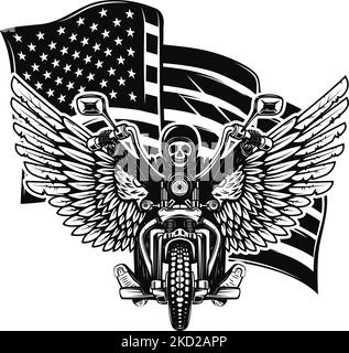 Illustrazione di una moto alata sullo sfondo della bandiera americana. Elemento di design per poster, scheda, banner, cartello, emblema. Illustrazione vettoriale Illustrazione Vettoriale